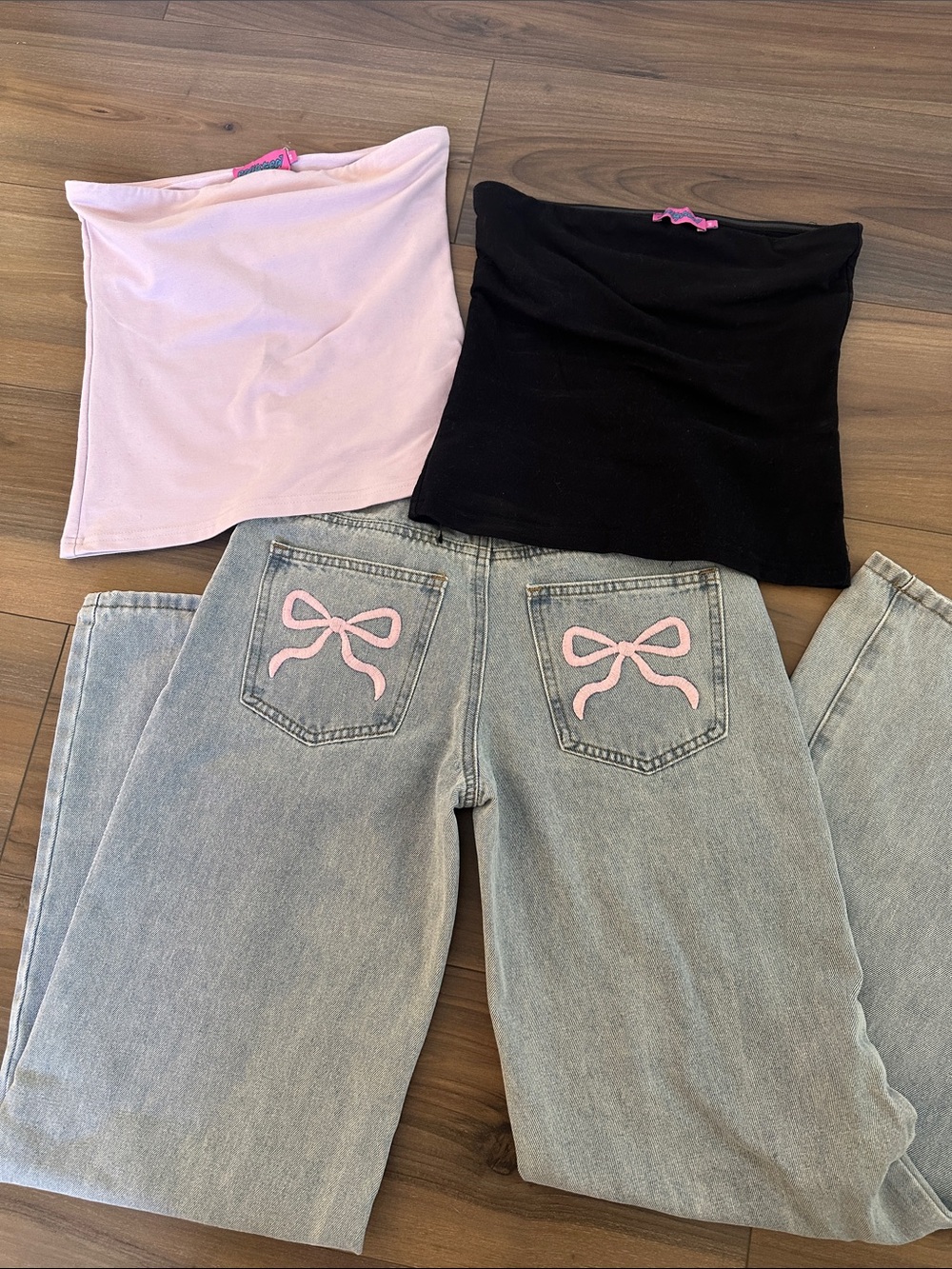 Edikted bundle Pink and Black Tube Tops with Light Pink Back Bow Jeans